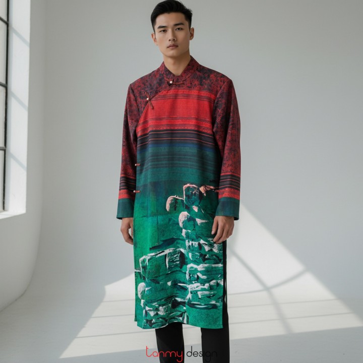 Áo dài nam vải in DakNong 1 xanh L